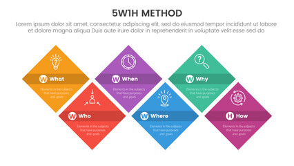 5W1H problem solving method infographic 6 point stage template with diamond shape structure horizontal direction for slide presentation