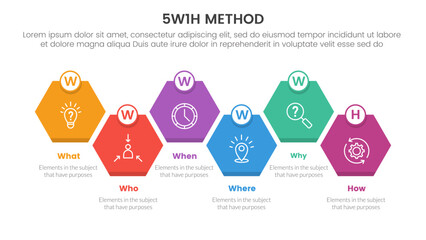 5W1H problem solving method infographic 6 point stage template with hexagon or hexagonal up and down for slide presentation