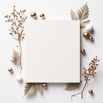 White blank paper greeting card with eco Christmas decorations, New year holidays festive mock up