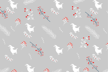 New year or winter composition. Christmas pattern with goat and frozen wild berries in winter. Xmas background for your text or wrapper, paper, banner, textile, fabric