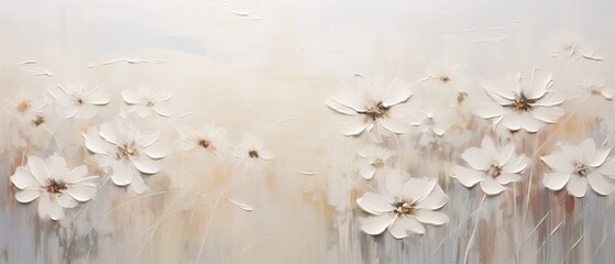 Blooming white flowers painted in thick impasto style layers of paint with visible palette knife marks and broad brush strokes, minimalist abstract spring splendor.   - obrazy, fototapety, plakaty