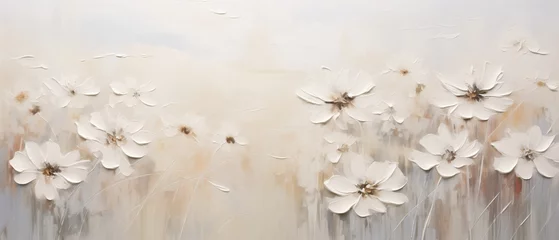 Fotobehang Blooming white flowers painted in thick impasto style layers of paint with visible palette knife marks and broad brush strokes, minimalist abstract spring splendor.   © SoulMyst