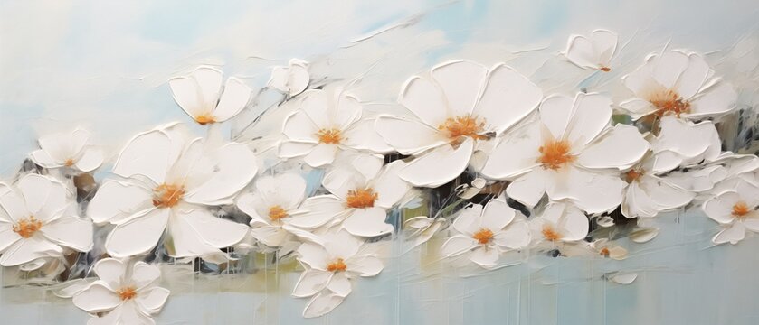 Blooming white flowers painted in thick impasto style layers of paint with visible palette knife marks and broad brush strokes, minimalist abstract spring splendor.  