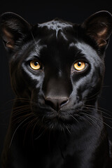 Close-up of a black panthers face and piercing orange eyes 