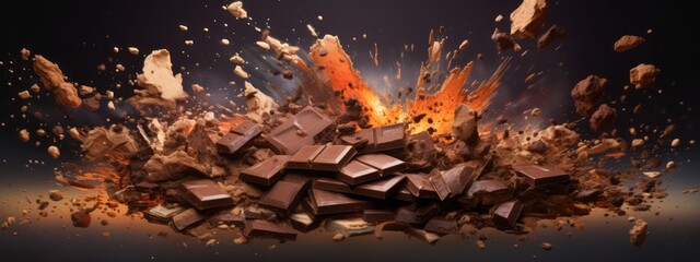 Chocolate bar piece explosion chunk candy broken isolated milk cocoa fly white background. Break bar chocolate fall air food chip snack dark piece dessert black ingredient burst parts cacao sweet. - obrazy, fototapety, plakaty
