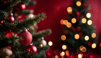 Obraz na płótnie Canvas Christmas background with xmas tree and sparkle bokeh lights on red canvas background. Merry christmas card. Winter holiday theme