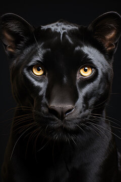 Close-up of a black panthers face and piercing orange eyes 