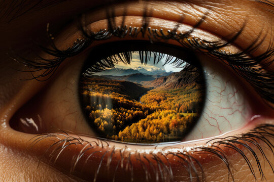 Collage with valley,  river landscape  inside the eye 