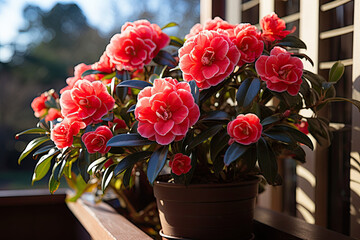 Camellia red flowers in balcony garden