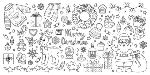 Outline set of Christmas and New Year elements for holiday design. Cute Santa, deer, Xmas decorations and other. Vector black and white contour cartoon illustrations perfect for kids coloring page.