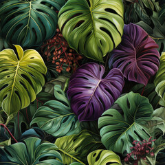 Fototapeta premium Seamless pattern with Huge Monstera deliciosa violet green leaves. 