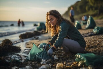 Young woman beach cleanup volunteering is process of removing solid trash, dense chemicals, and organic waste deposited on beach or shoreline by tide, local visitors or tourists - obrazy, fototapety, plakaty