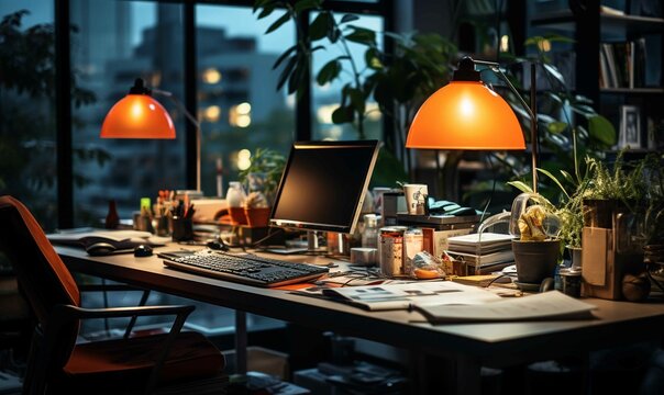 Cozy Indoor Scene with Warm Lighting. Coworking, cooperative or integrated office work