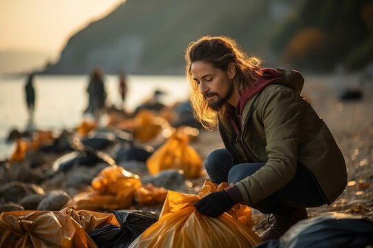 Young man doing plastic collection on beach, beach cleanup, process of removing solid garbage, dense chemicals, and organic waste deposited on beach or shoreline by tide, local visitors or tourists
