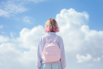 Fototapeta premium Beautiful, young girl with a bag among the clouds in the blue sky. Pastel rainbow colors. Happiness, ease, calmness.