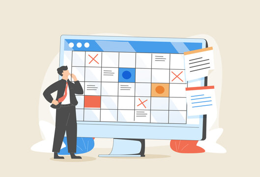 recommend clip art: Time management and planning concept. Business people successfully doing various business activities. Minimal vector