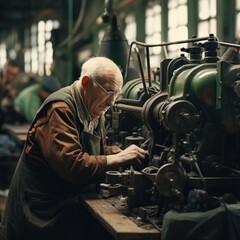 Fototapeta na wymiar Sad tired old pensioner working An elderly person toiling at a machine in a factory g