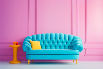 Interior in pastel yellow, pink and blue. Minimalism.