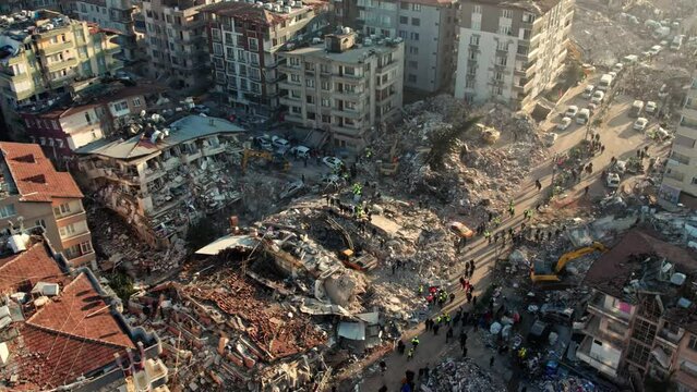 Earthquake damage in a city, collapsed buildings.Search and rescue teams and paramedics rescue the victims among the debris and rubble destroyed by the earthquake.Ruins, destruction, tragedy,disaster.