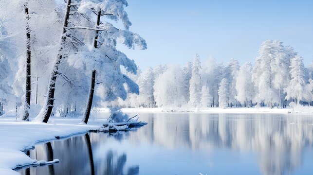 snowy trees and snow covered lake with trees, in the style of realistic yet ethereal, silver and azure. generative AI