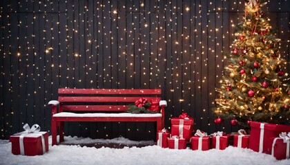 Christmas Fir Tree On Wooden Background With Snowflakes