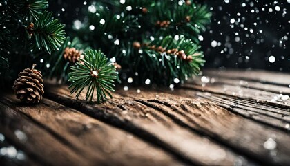 Decoration with a bench and christmas tree with red and golden garlands close to xmas gifts in red boxes with snowy flakes at twilight