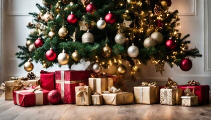 Decoration with a bench and christmas tree with red and golden garlands close to xmas gifts in red boxes with snowy flakes at twilight