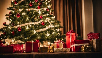 Big beautiful christmas tree decorated with beautiful shiny baubles and many different presents on wooden floor. White wall background with a lot of copy space for text