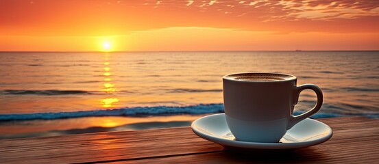 Morning coffee by beach at sunrise. Seaside serenity. Sunset by ocean rustic wooden table. Beachside. Mug against sky and sea - Powered by Adobe