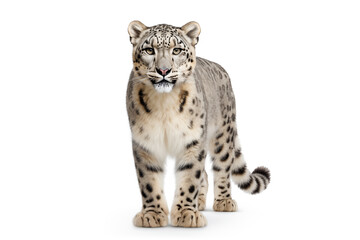 Beautiful snow leopard isolated on white background. AI generated content.