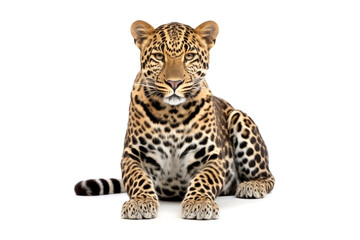 Beautiful leopard isolated on white background. AI generated content.