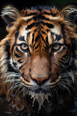 Fototapeta premium Close up of a Bengal tigers face with water, droplets and wet fur