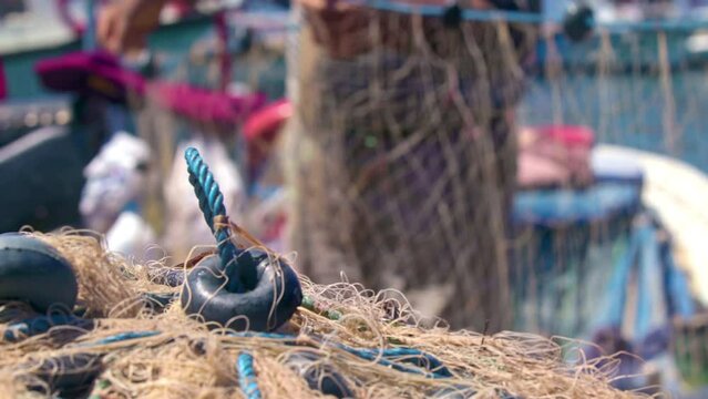 Preparing The Fishing Nets In The Port For Fishing Footage.
