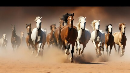 A herd of horses running on the sand storm - obrazy, fototapety, plakaty