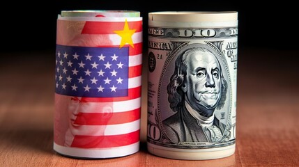 Obraz premium A roll of USD and Chinese Yuan with each countrys na
