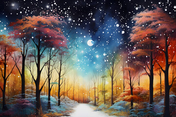 colourful painting of a starry night sky with trees on a winter landscape