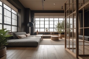 Fototapeta na wymiar Living room in Loft in minimalist style is inspired by Japanese design. Architecture and Real estate, AI generative
