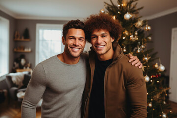 Fototapeta premium Happy homosexual couple celebrating Christmas at home