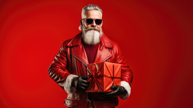 Stylish fashionable brutal old gray-haired man with glasses and a red leather jacket with a Christmas gift box on studio background