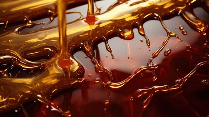 Sunlit amber honey with dynamic drips and a mirror-like reflection below. 