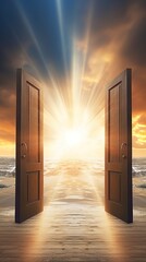 open door to heaven or paradise, new life or changes and opportunity concept, doorway to freedom