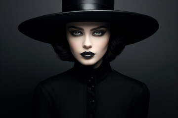 Woman in black on black background wearing black hat