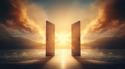 open door to heaven or paradise, new life or changes and opportunity concept, doorway to freedom - obrazy, fototapety, plakaty
