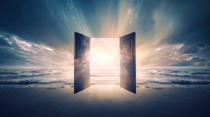 open door to heaven or paradise, new life or changes and opportunity concept, doorway to freedom