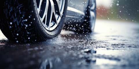 Obrazy na Plexi  Car alloy wheels and tires, driving in wet conditions with water and puddle splashes