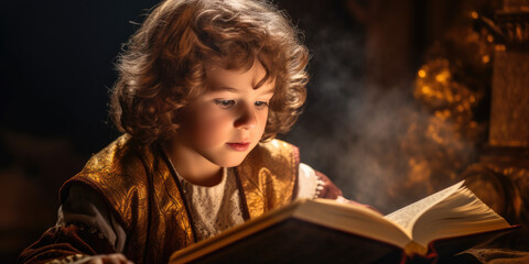 Young child dressed in a mythical costume, while reading there enchanting book