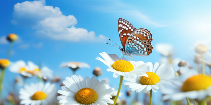 Low angle view of a butterfly, pollinating, a daisy amongst a wild flower meadow