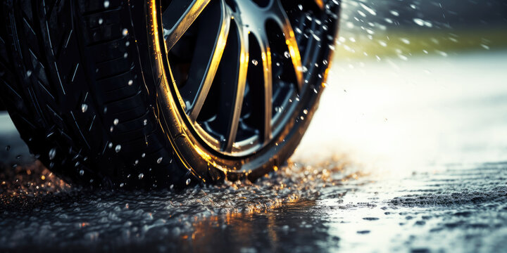 Car Alloy Wheels And Tires, Driving In Wet Conditions With Water And Puddle Splashes