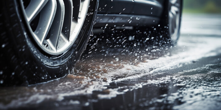Car alloy wheels and tires, driving in wet conditions with water and puddle splashes