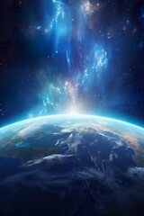 Fototapeta premium sunrise or sunset over planet Earth, clouds and atmosphere in rays of Sun, open space and stratosphere